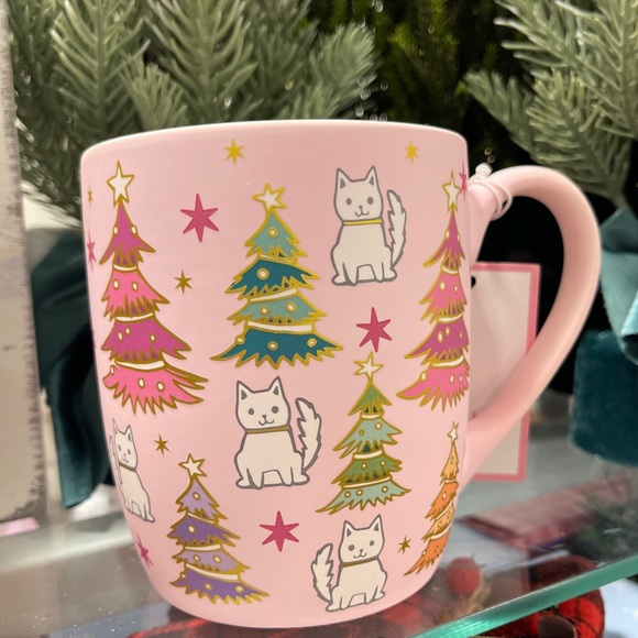 Pink Christmas Colorful Trees with White Cats & Gold Pink Soft Touch Mug NWT - Picture 3 of 4